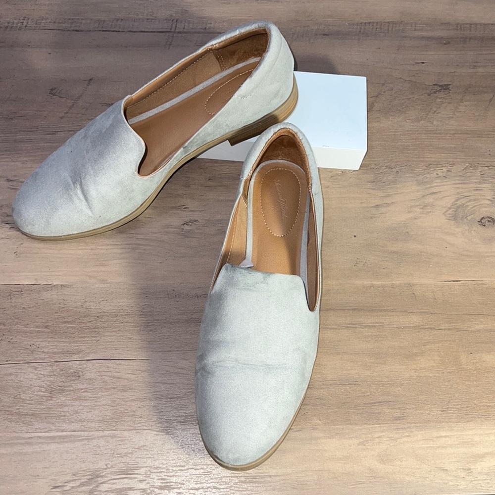 Gray suede slip ons, size 9
